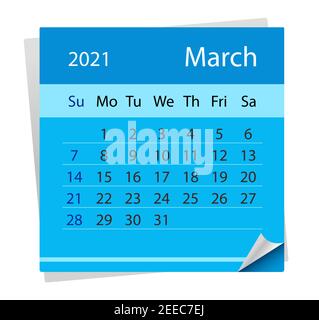Feuille de calendrier du mois de mars 2021. Illustration vectorielle. La semaine commence le dimanche. En anglais. Illustration de Vecteur
