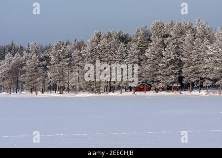 Petits bâtiments rouges sur le rivage. Des arbres enneigés tout autour. Jour d'hiver ensoleillé, lac gelé de ce côté. Banque D'Images