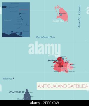 Antigua-et-Barbuda carte détaillée modifiable avec régions villes, routes et chemins de fer, sites géographiques. Fichier vectoriel EPS-10 Illustration de Vecteur