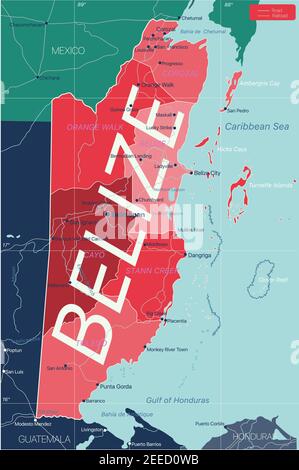 Belize carte détaillée modifiable avec régions villes, routes et chemins de fer, sites géographiques. Fichier vectoriel EPS-10 Illustration de Vecteur