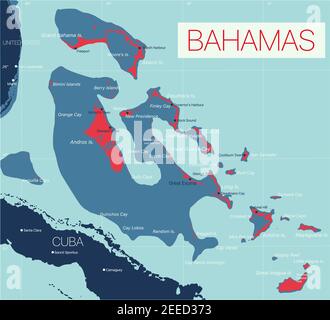 Bahamas carte détaillée modifiable avec régions villes, routes et chemins de fer, sites géographiques. Fichier vectoriel EPS-10 Illustration de Vecteur