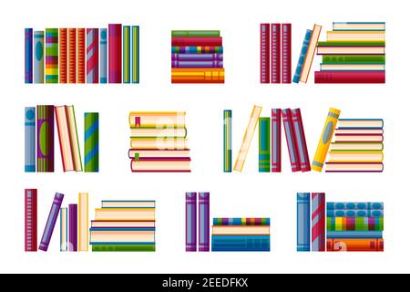 Étagères avec piles de livres. Grand ensemble pour étagères de librairie de style dessin animé. Illustration vectorielle sur fond blanc Illustration de Vecteur