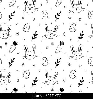 Motif Pâques sans coutures. Сute lapins, oeufs de Pâques festifs, carottes, brindilles et fleurs de printemps. Illustration vectorielle dessinée à la main, style doodle. Illustration de Vecteur