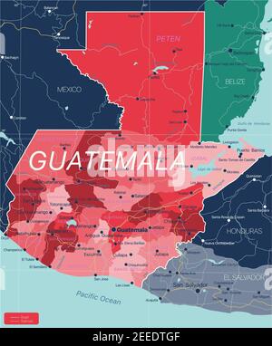 Guatemala carte détaillée modifiable avec régions villes, routes et chemins de fer, sites géographiques. Fichier vectoriel EPS-10 Illustration de Vecteur