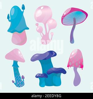 Champignons fantaisie de style dessin animé sur fond clair Illustration de Vecteur