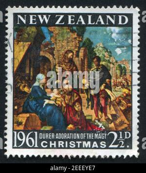 NOUVELLE-ZÉLANDE - VERS 1961: Timbre imprimé par la Nouvelle-Zélande, montre l'adoration des Mages de Durer, vers 1961 Banque D'Images