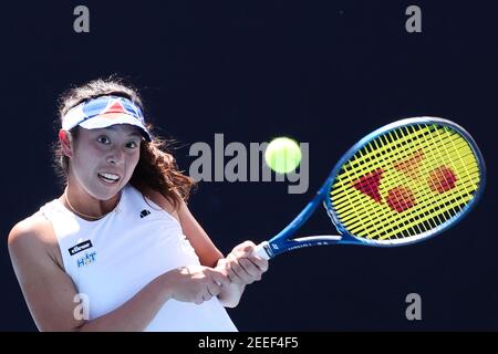 Melbourne, Australie. 16 février 2021. 7e graine Ena SHIBAHARA avec Shuko AOYAMA du Japon en action contre la 2e graine Elise MERTENS de Belgique et Aryna SABALENKA du Bélarus dans un match de double de quart de finale des femmes le jour 9 de l'Open d'Australie 2021, à Melbourne, en Australie. Sydney Low/Cal Sport Media. Crédit : csm/Alay Live News Banque D'Images