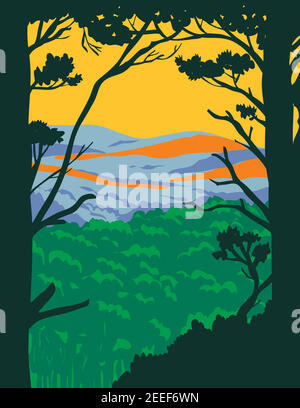 L'art de l'affiche WPA des montagnes Ouachita ou Ouachitas, une chaîne de montagnes en Arkansas et en Oklahoma dans le parc national de Hot Springs fait en travaux pr Illustration de Vecteur