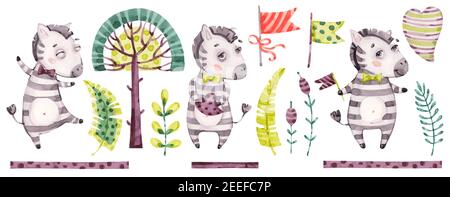 Bébé joli zébré garçon. Vector Watercolor pépinière dessin animé jungle animaux cheval, arbres tropicaux, feuilles. Adorable ensemble safari de Nurseries Illustration de Vecteur