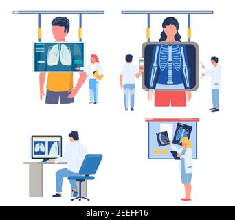 Ensemble de procédures de vérification des poumons de la fluorographie, illustration vectorielle plate. Médecin radiologue effectuant le dépistage par radiographie thoracique. Illustration de Vecteur