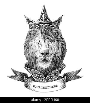 Le logo du roi lion avec la main de bannière dessiner une gravure vintage illustration clip art noir et blanc isolé sur fond blanc Illustration de Vecteur