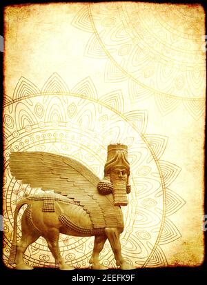 Arrière-plan grunge avec texture papier, zentangle mandala et lamassu - statue de taureau ailé à tête humaine, Déité de protection assyrienne. Copier l'espace f Banque D'Images