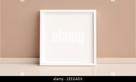 Maquette de cadre d'image carrée sur le sol contre le mur en rendu 3D. Design intérieur minimaliste, modèle de cadre vide vierge, nordic St Banque D'Images