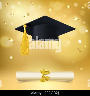 diplôme d'études supérieures avec confetti d'or tombant sur l'or arrière-plan Illustration de Vecteur