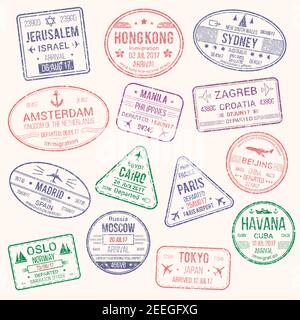 Passeport Voyage timbres icônes avec les noms de villes Jérusalem, Hong Kong, Sydney, Amsterdam et Zagreb, Paris ou la Havane, Pékin ou Madrid et Moscou. Vecteur Illustration de Vecteur