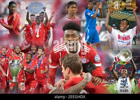 Munich, Allemagne. 16 février 2021. PHOTOMONTAGE: David Alaba: Annonce-t-il aujourd'hui son départ du FC Bayern? David Alaba * a été fidèle au FC Bayern * pendant douze ans. Après plus de 400 matchs pour les champions du disque, cet été est terminé. L'autrichien veut relever un nouveau défi, de préférence au Real Madrid. Alaba a gagné tous les titres qui pourraient être gagnés pendant son temps au Bayern. Football 1. Bundesliga saison 2020/2021 | utilisation dans le monde crédit: dpa/Alay Live News Banque D'Images