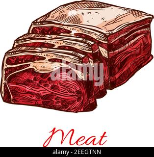 Icône représentant une tranche de viande de bœuf crue ou un croquis de morceau. Symbole vectoriel isolé du filet de porc au jambon, du steak en tranches ou du filet d'agneau sur les côtes de bœuf pour la boucherie et f Illustration de Vecteur