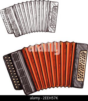 Instrument de musique accordéon. Dessin vectoriel symbole de type folk ou national de piano accordéon ou bayan russe avec touches pour conc. Musique ethnique Illustration de Vecteur