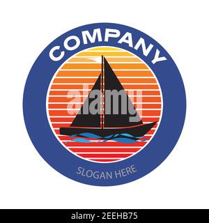 Bateau à voile avec logo de fond de coucher de soleil. Vecteur et illustration de style rétro ou vintage pour les voyages d'affaires ou les éléments de conception de badge de club de yacht. Illustration de Vecteur