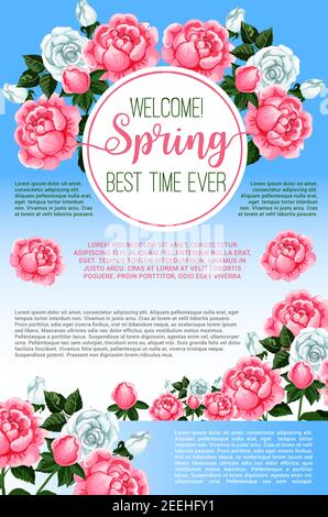 Modèle d'affiche de bienvenue à fleurs roses printanières. Cadre floral de fleurs et de bourgeons roses blancs et roses, branches et feuilles vertes avec texte Bienvenue Printemps Illustration de Vecteur