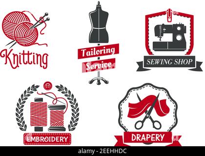 Des icônes de service sur mesure pour l'atelier un atelier de couture ou de couture un salon de tricot et de drapery. Vecteur symboles isolés de la machine à coudre, habillez-vous sur l'homme factice Illustration de Vecteur