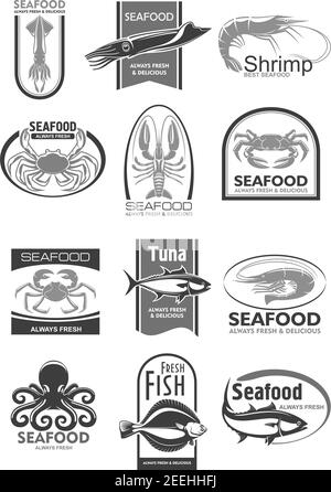 Les icônes des produits de la mer donnent une place à la cuisine de mer ou au marché du poisson. Symboles isolés vectoriels de thon, de crabe ou de homard et de poulpe ou de plie, pêcheur frais Illustration de Vecteur