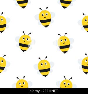 Motif sans couture avec abeilles volantes. Dessin animé vectoriel abeilles noires et jaunes isolées sur fond blanc. Illustration de Vecteur