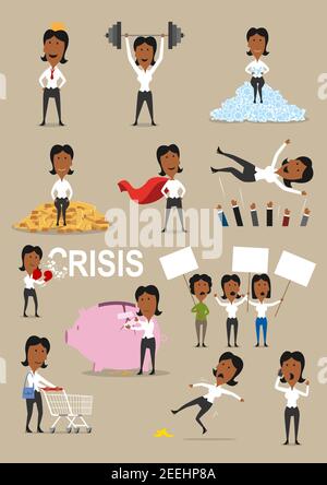 Ensemble de dessins animés pour femmes d'affaires. Femme d'affaires avec barre d'or, cape rouge couronne et héros, parlant par téléphone mobile, shopping avec chariot, ma Illustration de Vecteur