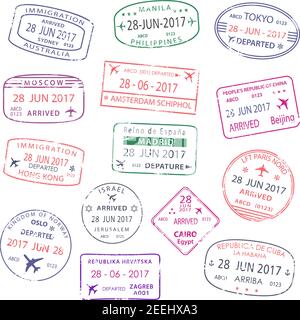 Timbres de voyage avec des noms de ville de Sydney, Manille ou Amsterdam et Tokyo ou Beijing et Hong Kong. Moscou, Madrid ou Oslo et le Caire ou Zagr Illustration de Vecteur