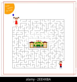 un jeu de labyrinthe pour les enfants. Aidez les enfants à passer par le labyrinthe jusqu'au zoo. Illustration de Vecteur