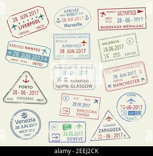 Timbres de voyage avec des noms de villes Britain Liverpool et Manchester ou Glasgow, France Marseille, Séville et Barcelone, Lyon, Venise et Gen Illustration de Vecteur