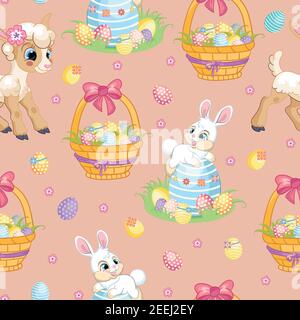 Motif vectoriel sans couture avec le concept Pâques. Lapin blanc, agneau et panier avec œufs de pâques. Illustration colorée isolée sur fond rose. Pour pr Illustration de Vecteur