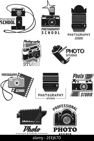 Jeu d'icônes photo Studio. Appareil photo, objectif et flash pour appareil photo numérique, symboles isolés de pellicule et de cadre pour studio photo professionnel ou photographie Illustration de Vecteur