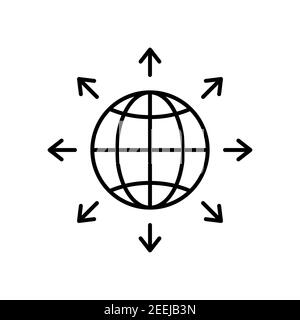 Icône noire d'expansion mondiale. Symbole de ligne de globe avec flèches. Vecteur isolé sur blanc Illustration de Vecteur