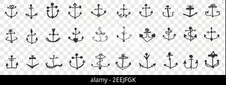 Ancrages pour ensemble de doodle pour bateaux. Collection de différents ancrages dessinés à la main de formes et de styles différents pour les navires et les véhicules nautiques isolés sur fond transparent Illustration de Vecteur