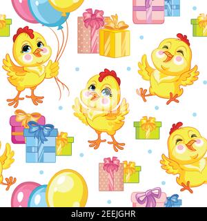 Adorables poules de fête avec ballons et cadeaux. Motif vectoriel sans couture sur fond blanc. Illustration pour fête, impression, douche bébé, mur Illustration de Vecteur