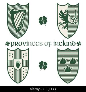 Style celtique irlandais de style rétro. Conception irlandaise avec armoiries des provinces Connacht, Leinster, Munster et Ulster Illustration de Vecteur