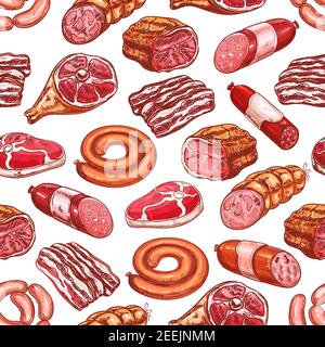 Produits à base de viande vectorisés sans couture. Boucherie épicerie fine et gastronomie sketch jambon ou bacon, brats, saucisses wiener et frankfurter, Illustration de Vecteur