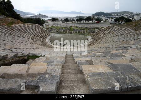 Bodrum, Turquie. 02 mars 2016: Ruines de Bodrum Antique Theatre Halikarnassos ville ancienne en Turquie. Banque D'Images