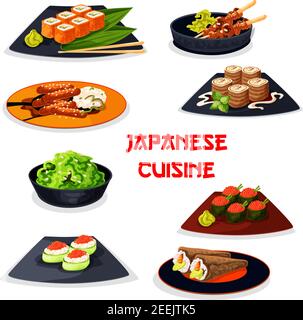 Cuisine japonaise, sushis de fruits de mer et plats de viande. Roulés de sushi et temaki avec poisson, crevettes, algues, concombre et caviar, porc teriyaki avec riz, g Illustration de Vecteur