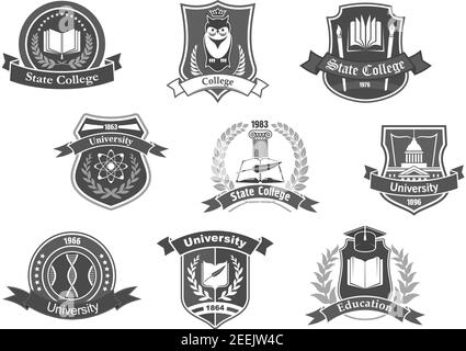 Icônes vectorielles collège, université et académie. Symboles isolés de livres scientifiques, hibou en chapeau de graduation, feuille de papier et stylo à écrire avec ruban de Laurier Illustration de Vecteur