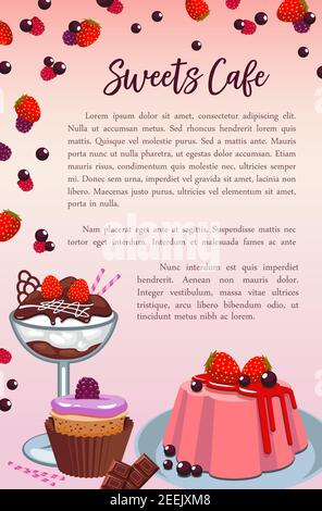 Modèle d'affiche vectorielle pour les desserts et les gâteaux de la boulangerie. Biscuits sucrés à la pâtisserie, beignets au chocolat ou biscuits au pain d'épice et pudding au brownie, muffin an Illustration de Vecteur