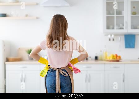 Vue arrière de la femme au foyer millénaire avec détergent et chiffon prêt à commencer le nettoyage à la maison dans la cuisine, espace de copie Banque D'Images