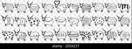 Les vaches mignons dans les rangs ensemble de doodle. Collection de vaches drôles dessinées à la main animaux mammifères à la ferme avec divers modèles sur les corps et les formes de cornes isolées sur fond transparent Illustration de Vecteur