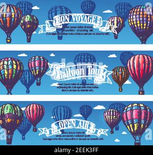 Ballon d'air chaud bon voyage ou banderoles de festival en plein air. Conception vectorielle de l'entonnoir d'alimentation en zigzag, motif en damier et en bandes pour tr Illustration de Vecteur