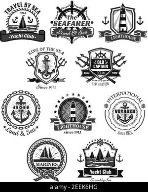 Ensemble d'icônes marines et héraldiques de club de bateaux. Symboles vectoriels de gouvernail et de compas ou nœud marin, d'ancrage de navire et de bouée de sauvetage. Badges et r Illustration de Vecteur