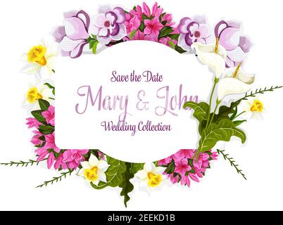 Carte de mariage de fleurs et bouquet floral avec modèle de noms de mariée et de marié. Vector Save the Date design couronne de jonquilles en fleurs, orc Illustration de Vecteur