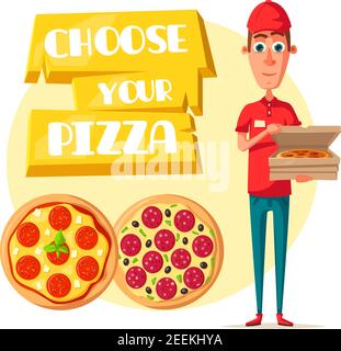 Icône représentant un livreur de pizza. Livraison de pizza dans un uniforme rouge tenant une boîte ouverte avec de la nourriture rapide pepperoni, légumes et pizza au fromage. Repos italien Illustration de Vecteur