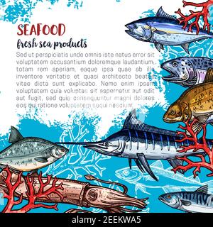 Modèle d'affiches sur les produits de la mer et les produits alimentaires du poisson pour le marché des produits de la mer et du poisson. Motif vectoriel de marlin frais, pieuvre ou plie, saumon ou thon et p Illustration de Vecteur