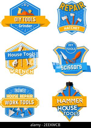 Ensemble d'icônes d'outils de travail pour une entreprise de réparation à domicile ou de menuiserie et de rénovation. Boîte à outils isolée à vecteur de spatule à truelle en plâtre, de pinces ou de pinces Illustration de Vecteur